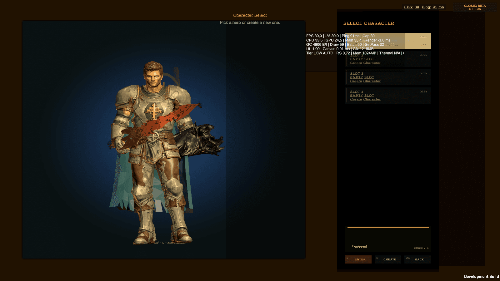 The character select screen showing an armoured Warrior with equipped weapon and cloak rendered from the live equipment system.