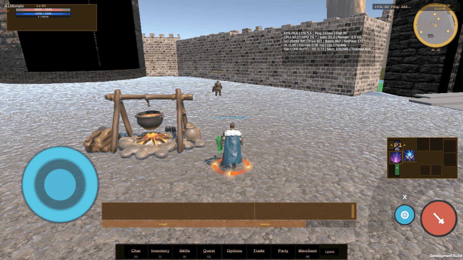 The open world with the chat panel expanded across general, party, clan and whisper channels.