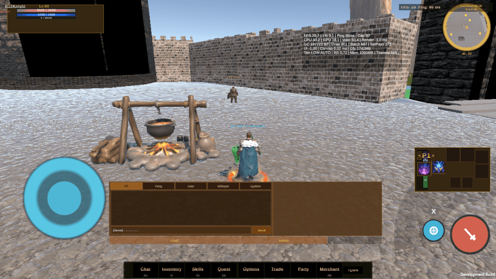 A character in a walled settlement with the touch movement stick and action buttons active over the running world — the mobile control layer on a live client.