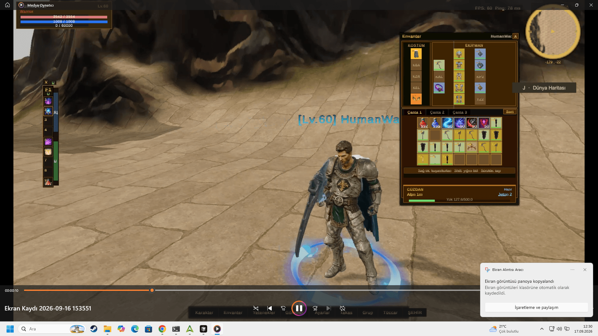 A Warrior with a weapon tooltip showing item stats.