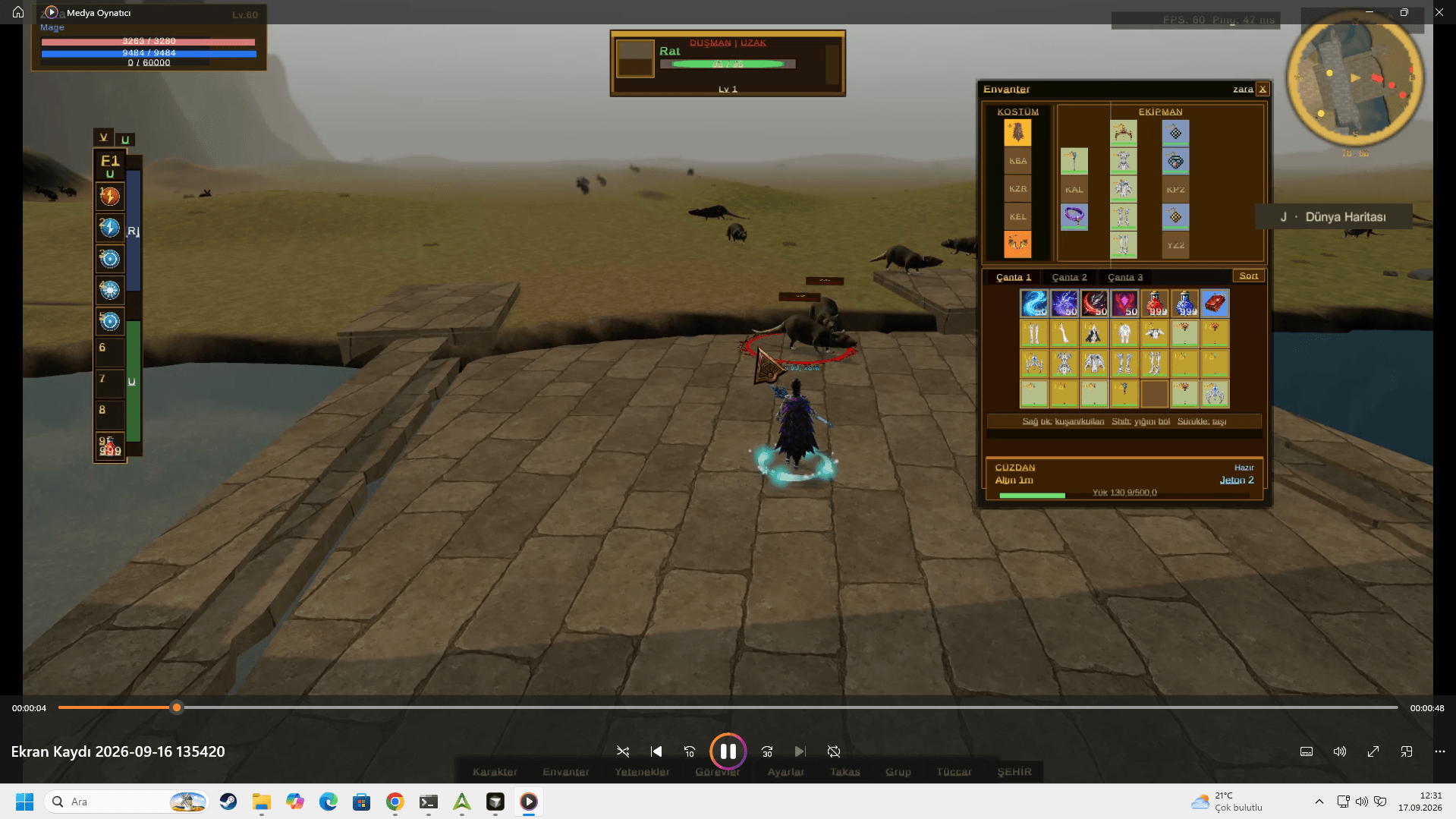 A Mage on a bridge with inventory and equipment open.