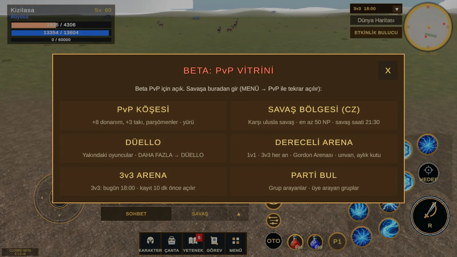 Oyun içi PvP vitrini: PvP köşesi, Savaş Bölgesi, düello, dereceli arena, 3v3 arena ve parti bulma.