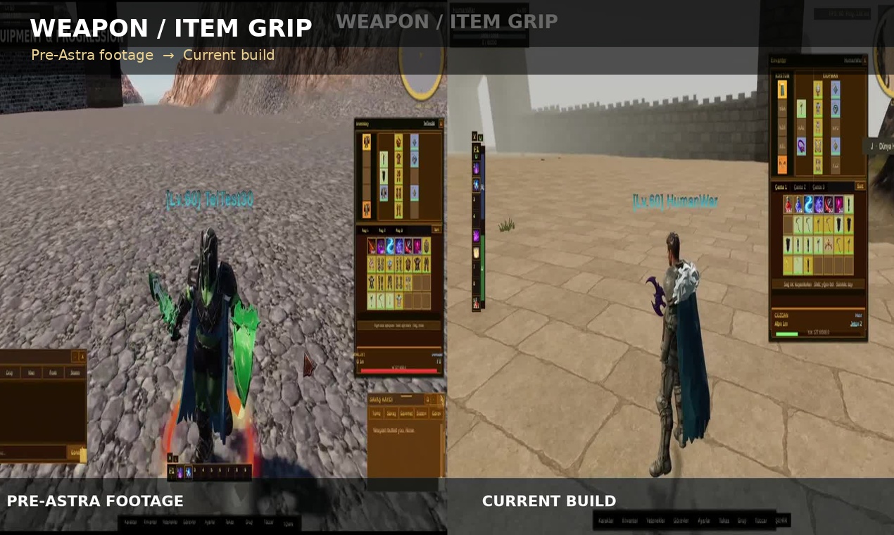 Before and after comparison of weapon and item alignment in Valkron Online.